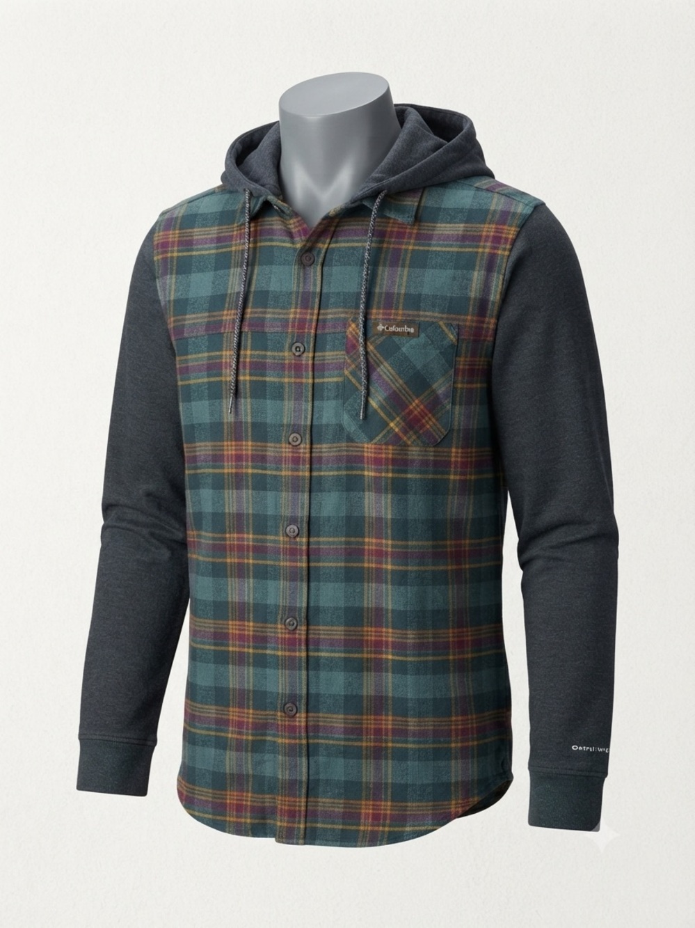 Columbia Men's Hooded Plaid Button-Front Shirt Jacket - Teal, Charcoal, Maroon